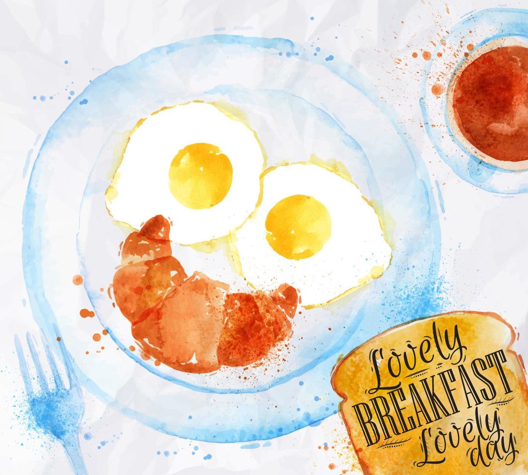 Breakfast painted with watercolors on a plate scrambled and a croissant as a person with smile a fork and tea with breakfast lettering lovely breakfast lovely day vector