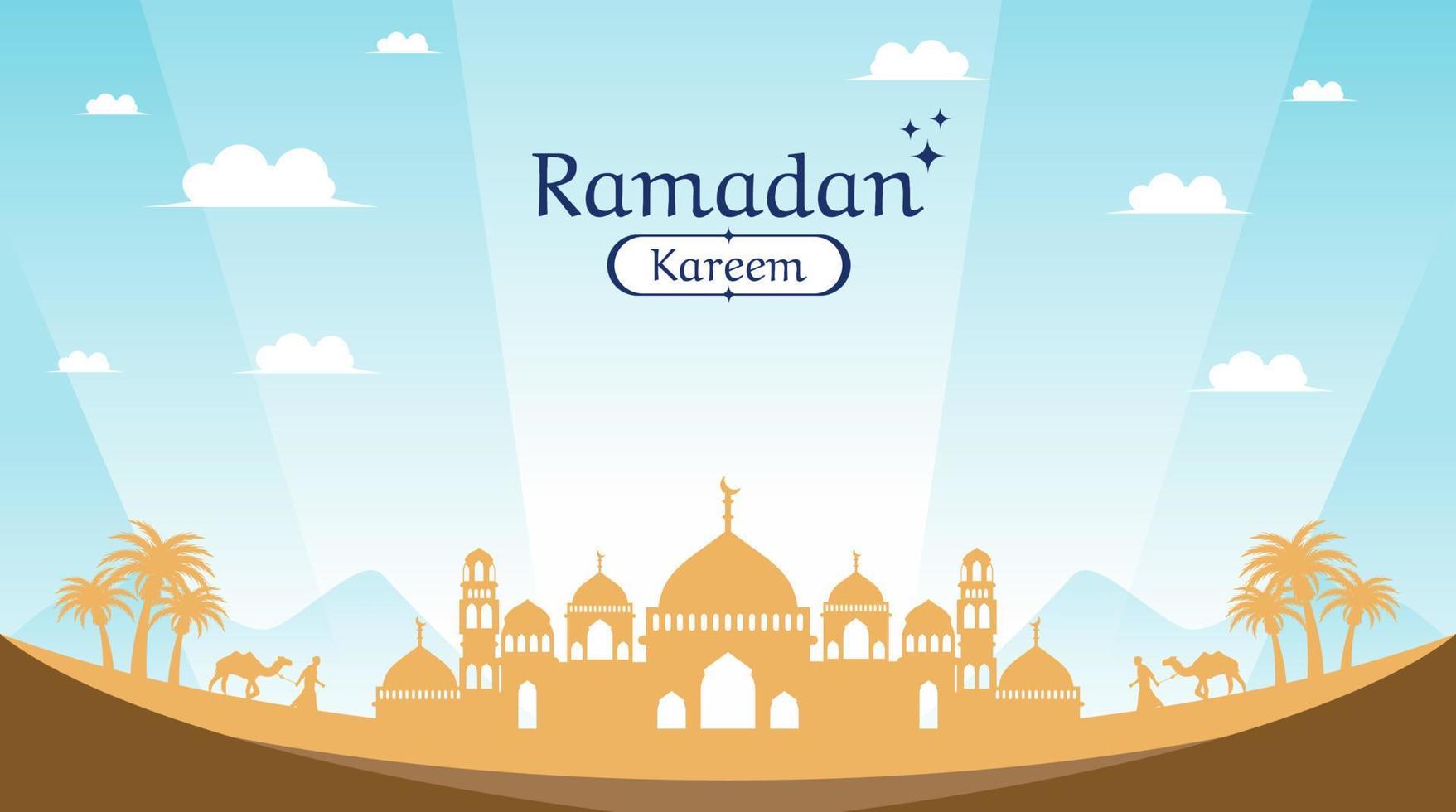 Ramadan banner template with mosque in the middle of desert design vector