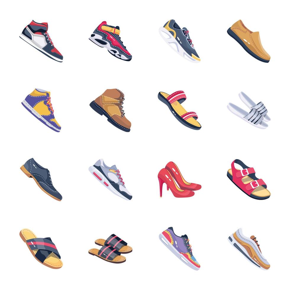 Pack of 16 Flat Style Fashion Shoes Icons vector