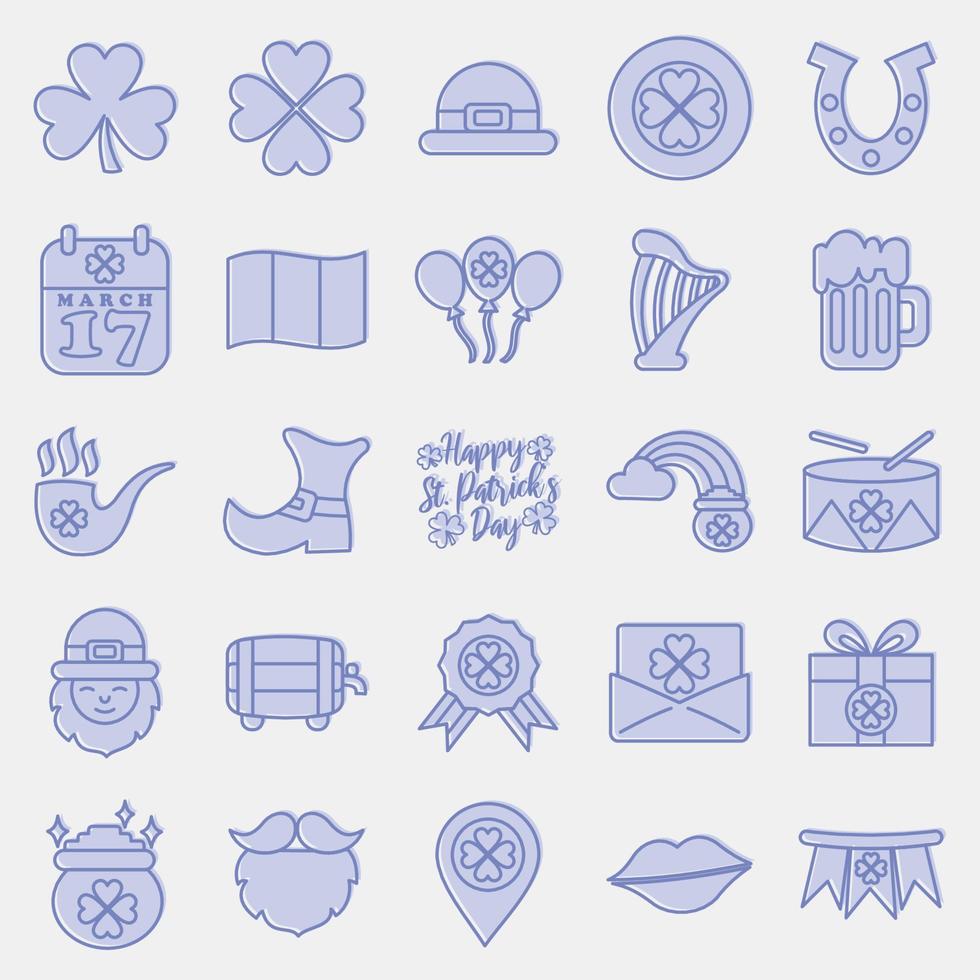 Icon set of St. Patrick's Day celebration elements. Icons in two tone style. Good for prints, posters, logo, party decoration, greeting card, etc. vector