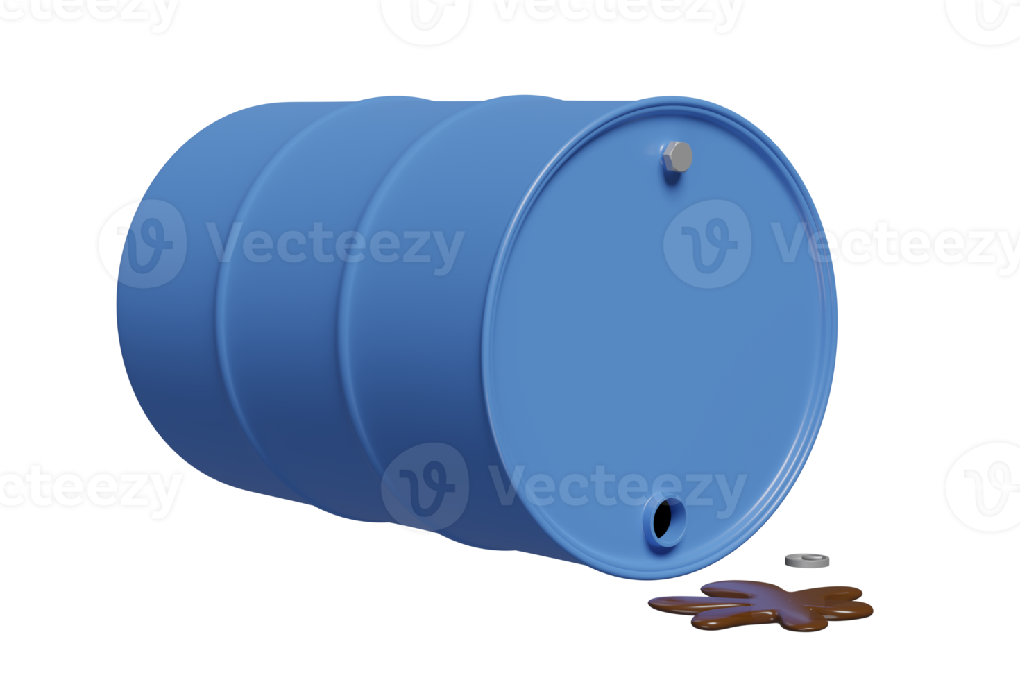 3D blue oil barrel icon with spilled oil isolated. 200 liters oil tank, 3d render illustration png