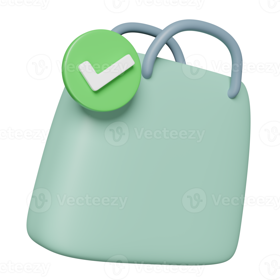 3d minimal green shopping paper bags with check marks isolated. shopping online concept, 3d render illustration png