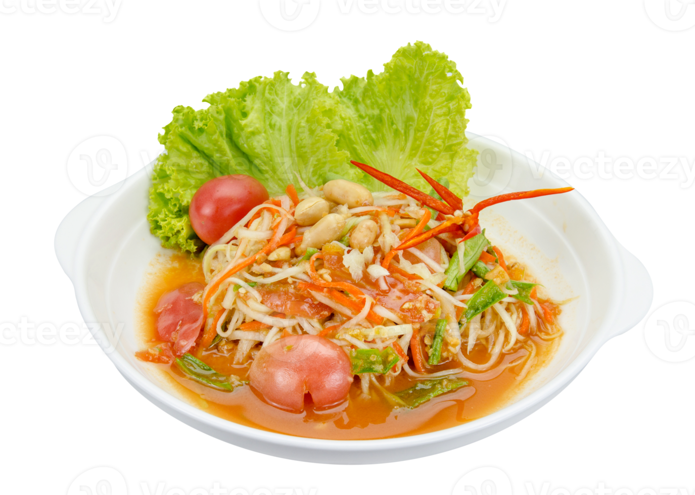 Green papaya mix carrots salad or Som Tum, spicy thai food isolated png