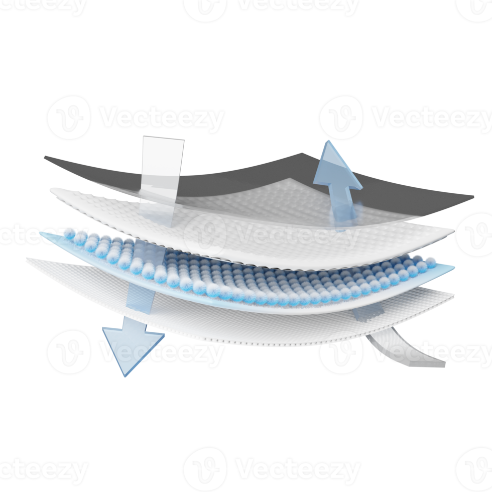 3d Synthetik Ballaststoff Haar saugfähig Schicht mit sanitär Serviette, gut Belüftung zeigt an, Luft fließt durch leichtfür Windeln isoliert. Baby Windel Erwachsene Konzept, 3d machen Illustration png