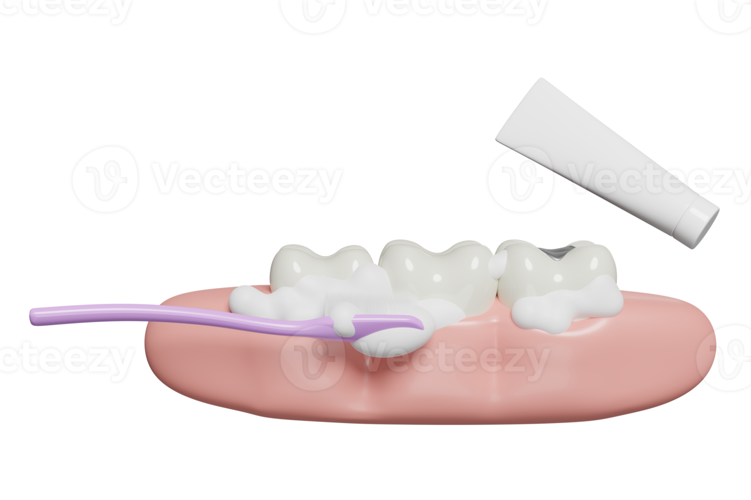 3d dental molar- tänder modell ikon med tandborste, tandkräm rör, tandkött, bubbla isolerat. dental undersökning av de tandläkare, hälsa av vit tänder, oral vård 3d framställa illustration png