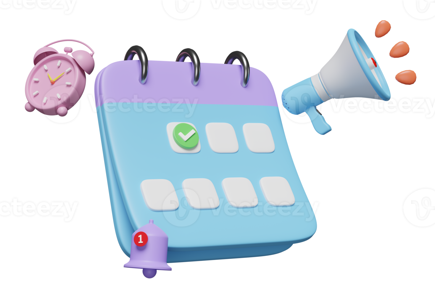 3d calendário com relógio, marca de verificação ícones, marcado data, notificação Sino, megafone, mão alto falante isolado . cronograma compromisso anunciar, compromisso data, 3d render ilustração png