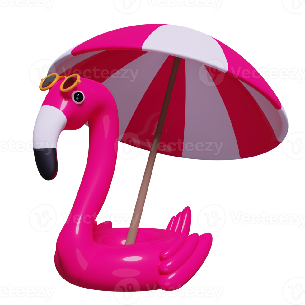 3d red Inflatable flamingo with sunglasses, umbrella isolated. summer travel concept, 3d render illustration png