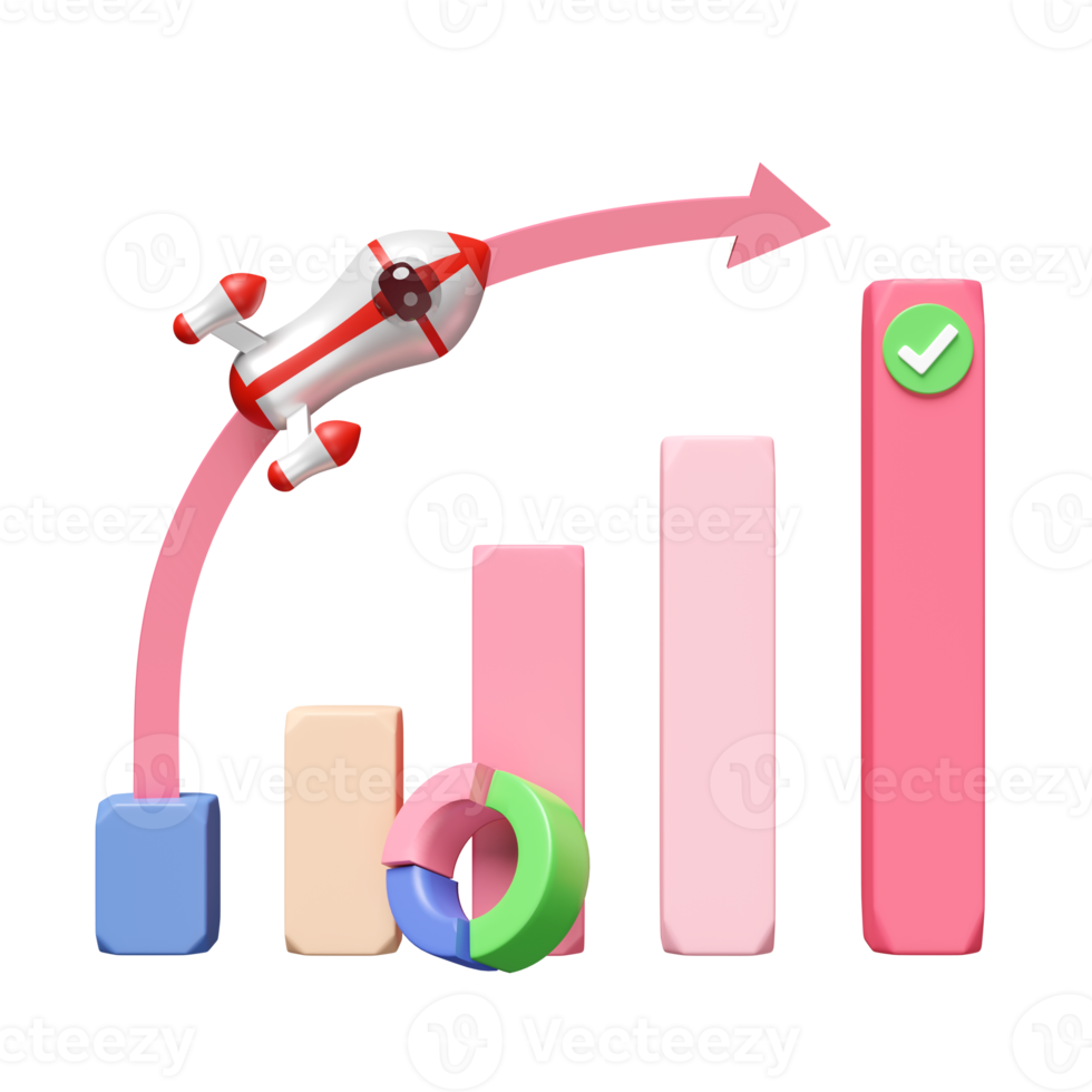 3d Diagramme und Graph mit Rakete, Häkchen, Analyse Geschäft finanziell Daten, online Marketing isoliert. Geschäft Wachstum, Strategie Konzept, 3d machen Illustration png