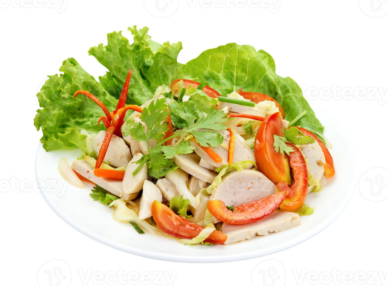 Thai cuisine spicy pork salad on wood background or Yum Moo Yor png