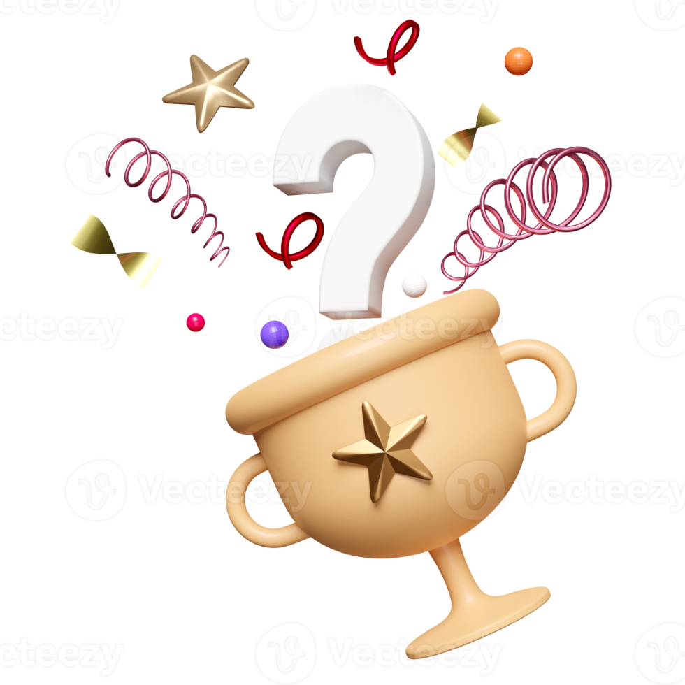 Golden champion cup, trophies with question mark symbol, floating star, geometric shapes isolated. reward cup concept, 3d illustration render png