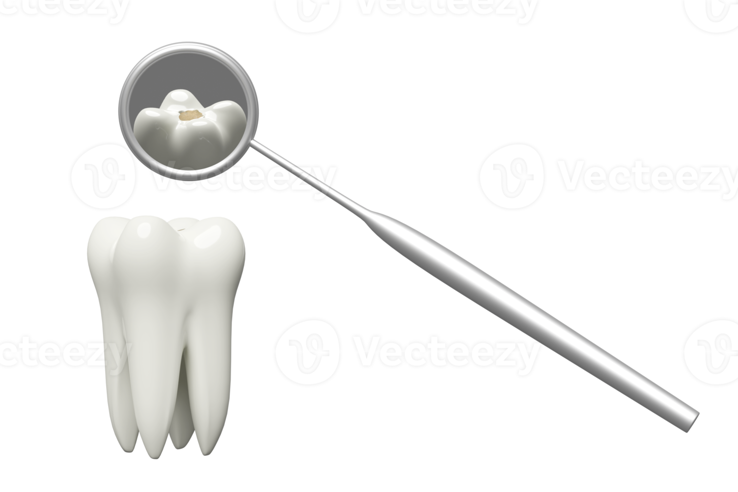 dental molar teeth model icon check for cavities 3d with dentist mirror isolated. health of white teeth, dental examination of the dentist, 3d render illustration png