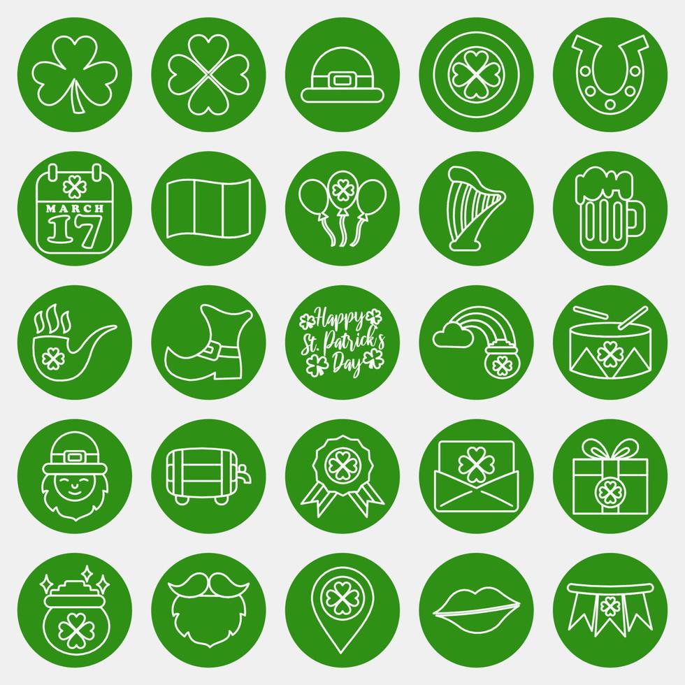Icon set of St. Patrick's Day celebration elements. Icons in green style. Good for prints, posters, logo, party decoration, greeting card, etc. vector