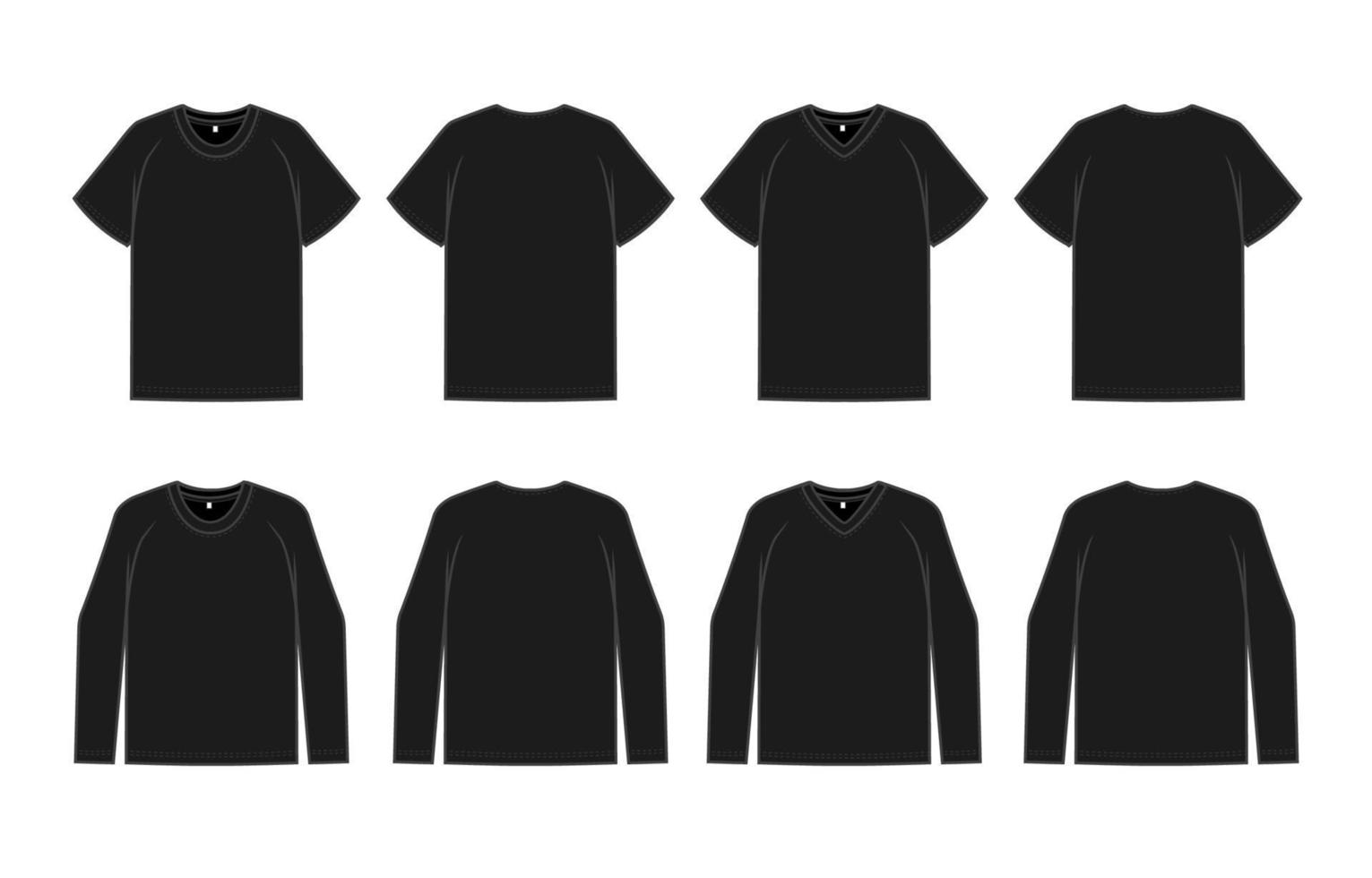 Regular Fit Black T-shirt Short Sleeve Long Sleeve Round Neck V-neck Outline Mockup Template vector