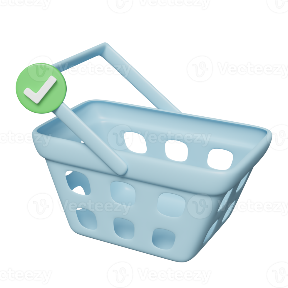 shopping cart, blue basket 3d icon with checkmarks isolated. shopping online concept, 3d render illustration png