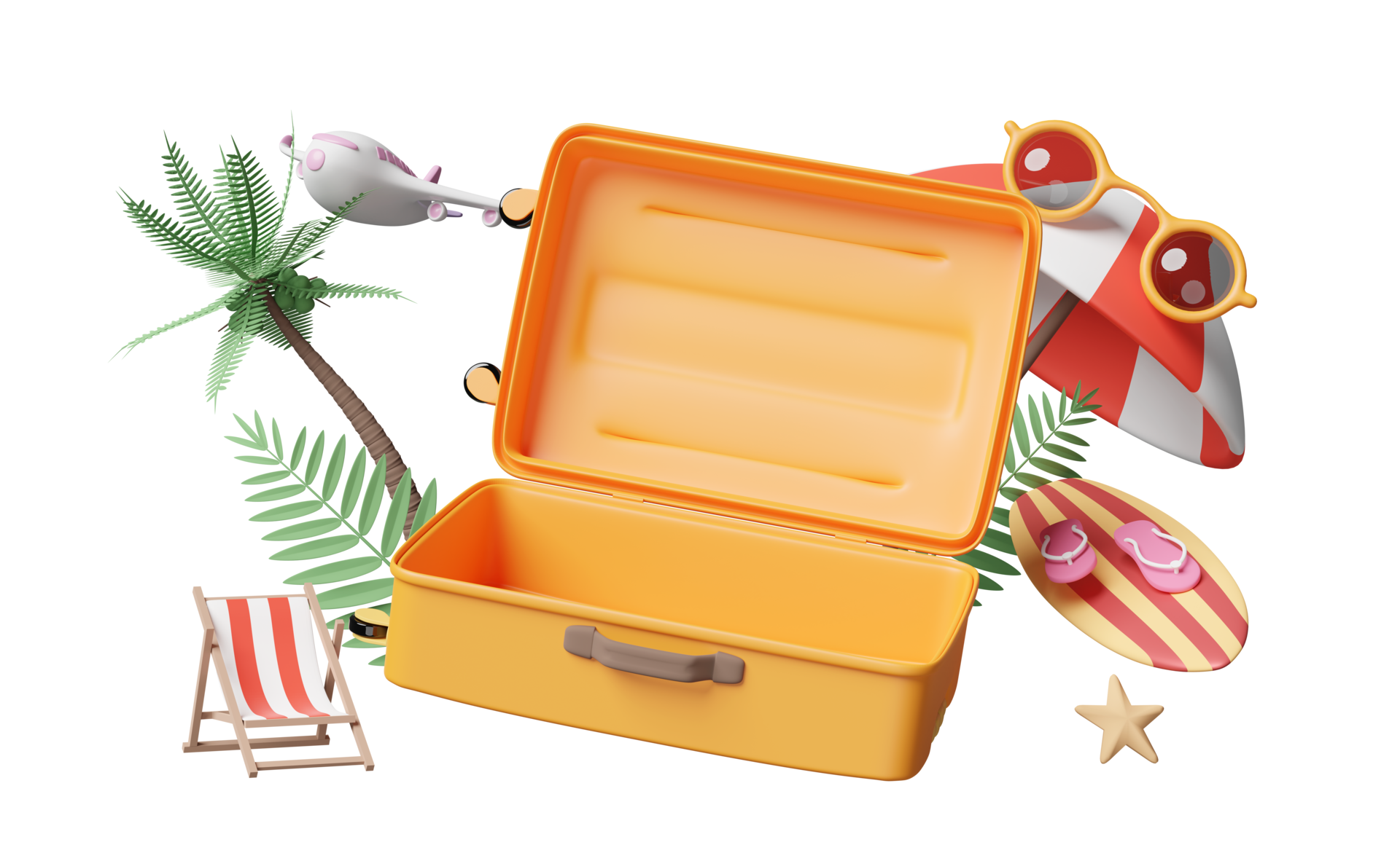 summer travel with open empty suitcase, beach chair, sunglasses