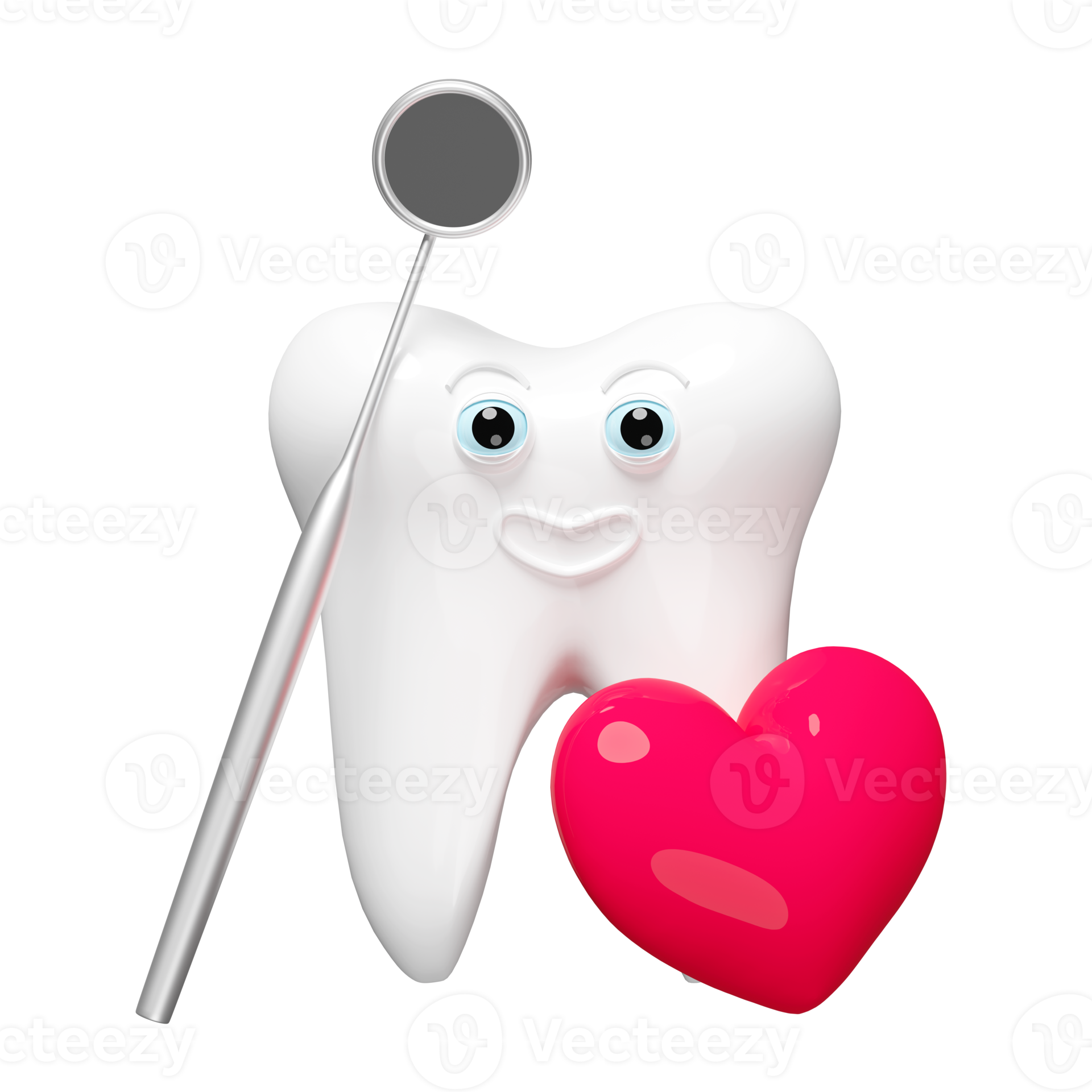3d dental molar teeth model icon with dentist mirror, red heart isolated. health of white teeth