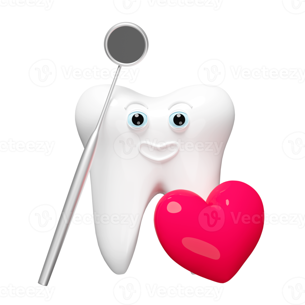 3d dental molar teeth model icon with dentist mirror, red heart isolated. health of white teeth, dental examination of the dentist, 3d render illustration png