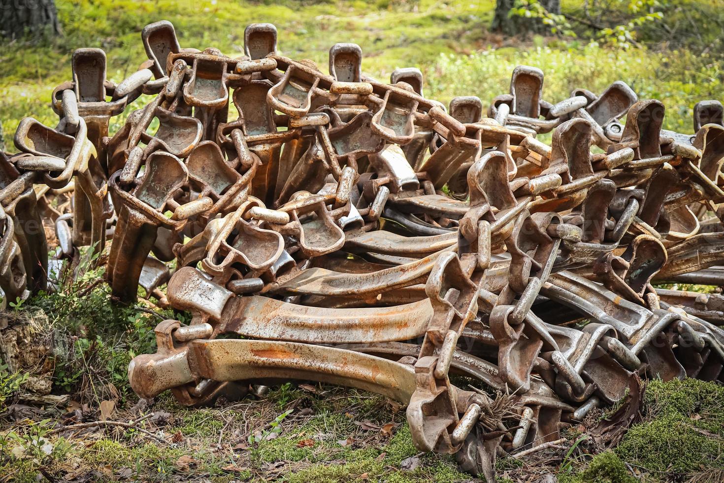 oruga pista cadena tendido por separado en el césped de el bosque durante bosque limpieza foto