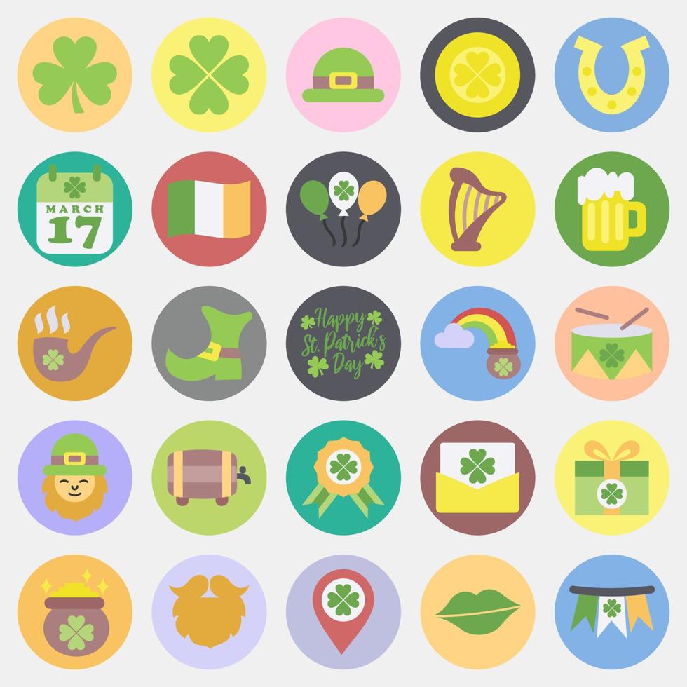 Icon set of St. Patrick's Day celebration elements. Icons in color mate style. Good for prints, posters, logo, party decoration, greeting card, etc. vector