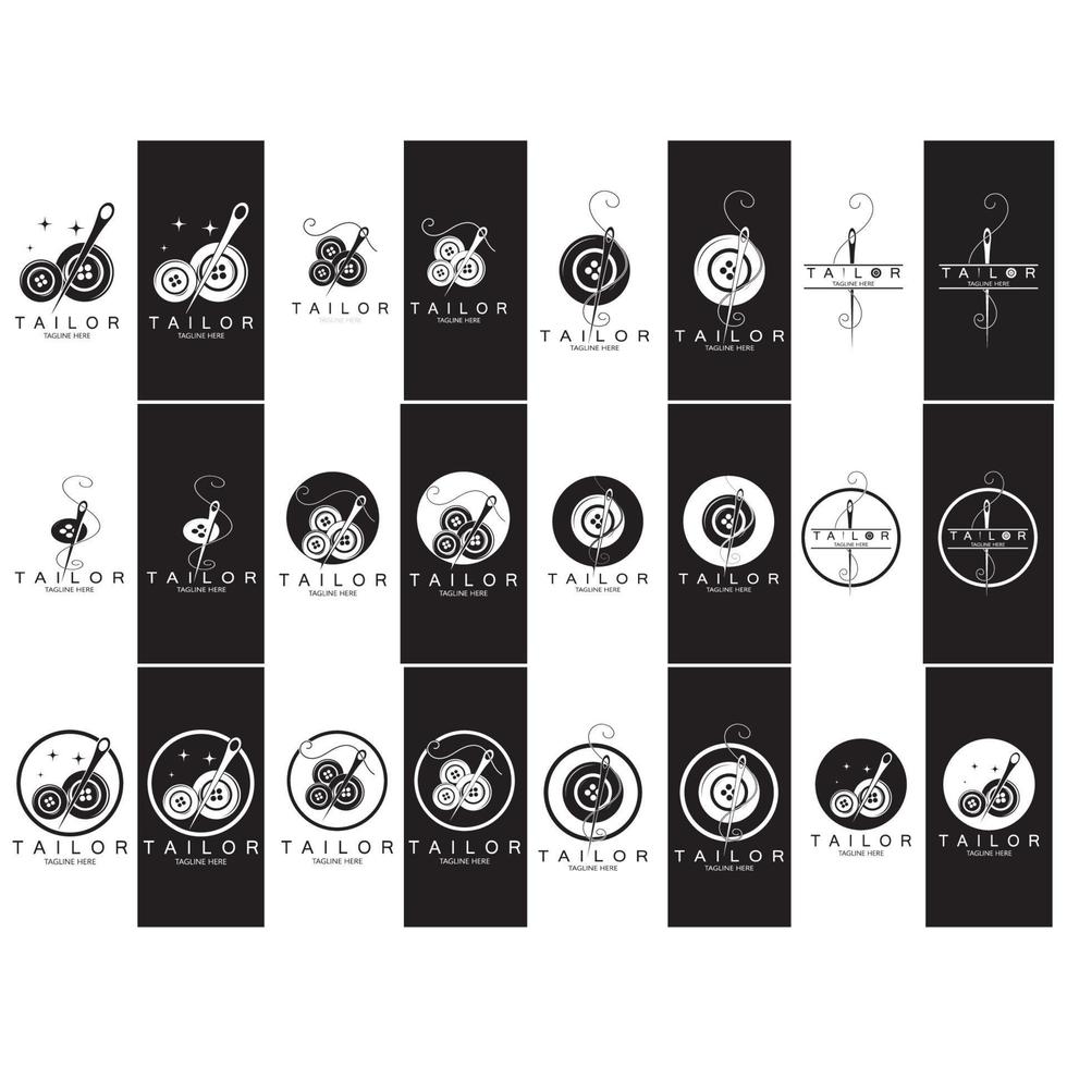 combinación de plantilla de ilustración de icono de logotipo a medida de botones para ropa, hilo y máquina de coser, para diseño de productos de ropa, empresas de convección, moda en forma vectorial vector