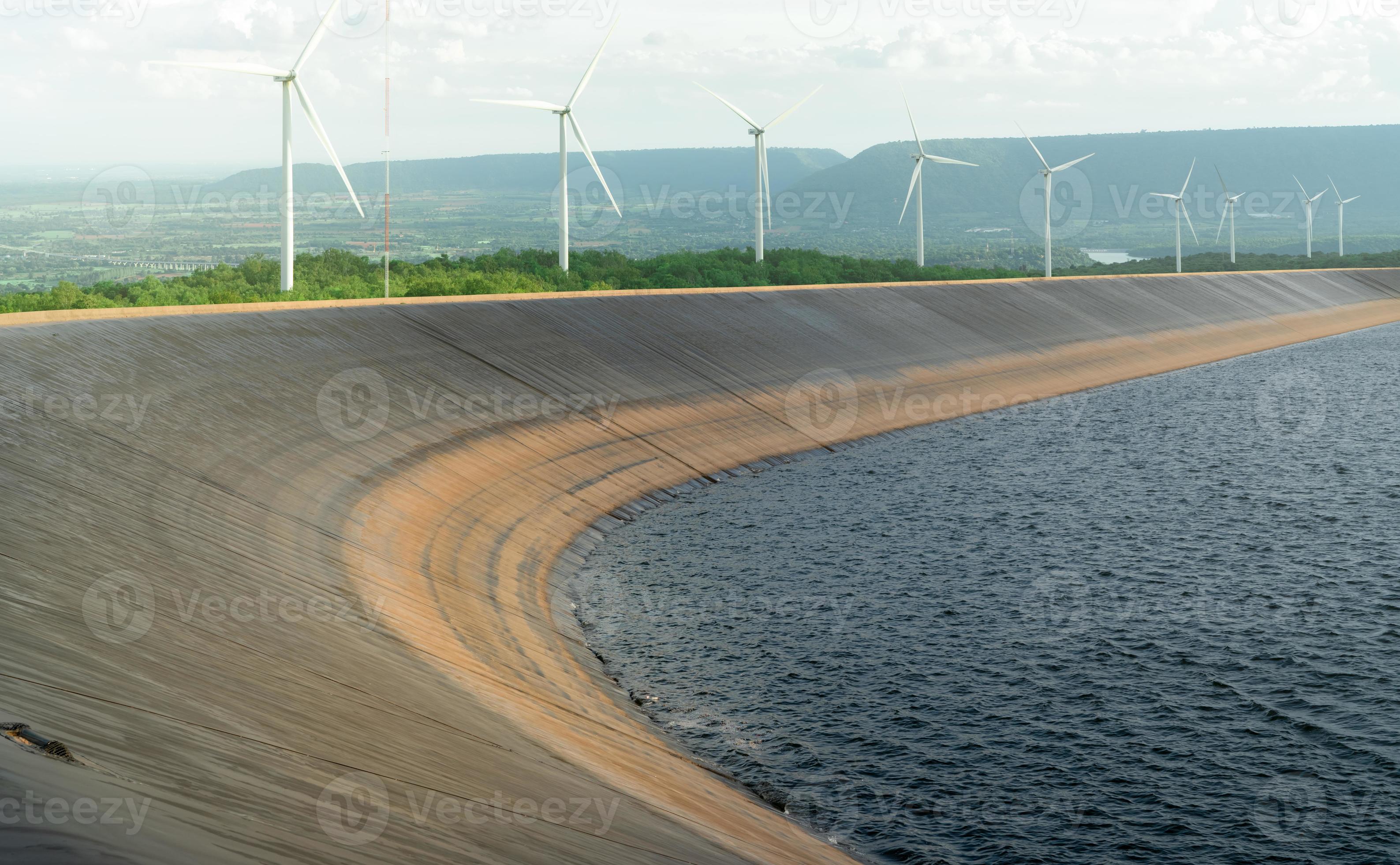 HDPE plastic lined water reservoirs and landscape of wind farm for