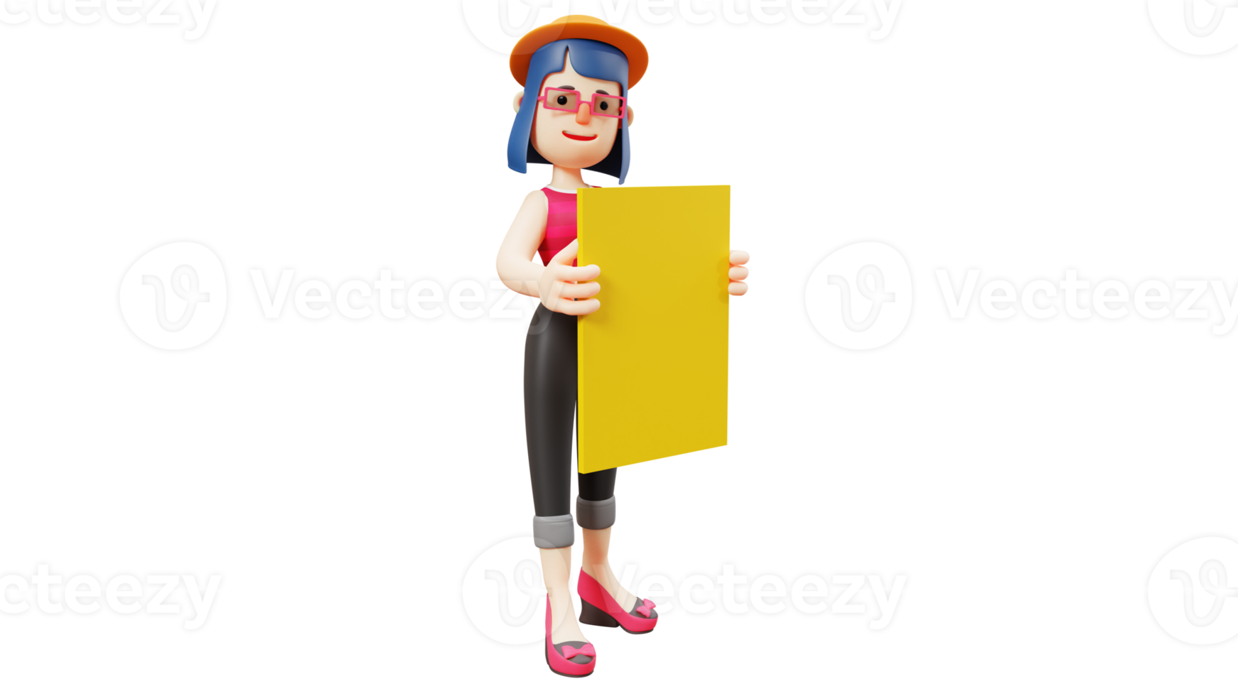 3D illustration. Cute Girl 3D cartoon character. Diligent Student carry yellow paper. Smart girl sweet smile. Beautiful tourist wearing hat and glasses. 3d cartoon character png