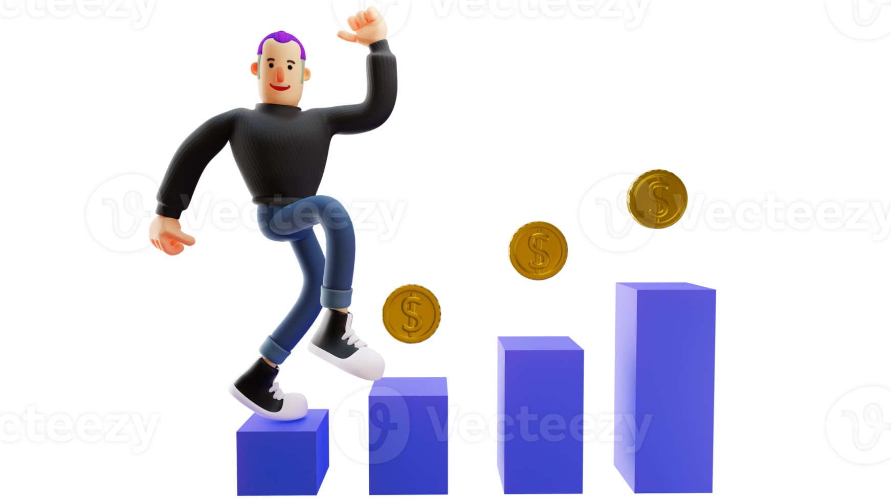 3D illustration. Successful young man 3D cartoon character. Handsome young man very happy. Young bussinesman climbing the ladder with gold coins. Rich young man posing happy. 3D cartoon character png