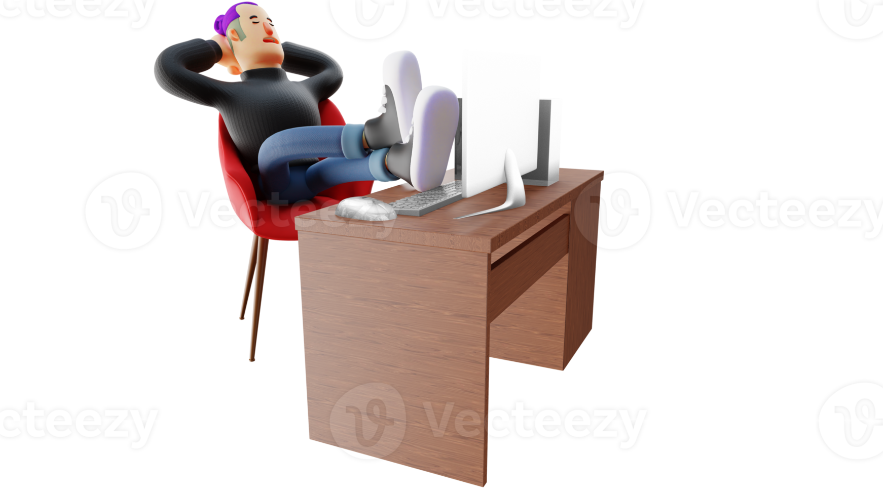 3D illustration. Office worker 3d cartoon character. Tired office worker. The lazy man is sleeping on a chair and in front of a laptop. Young man is relaxing. 3D cartoon character png