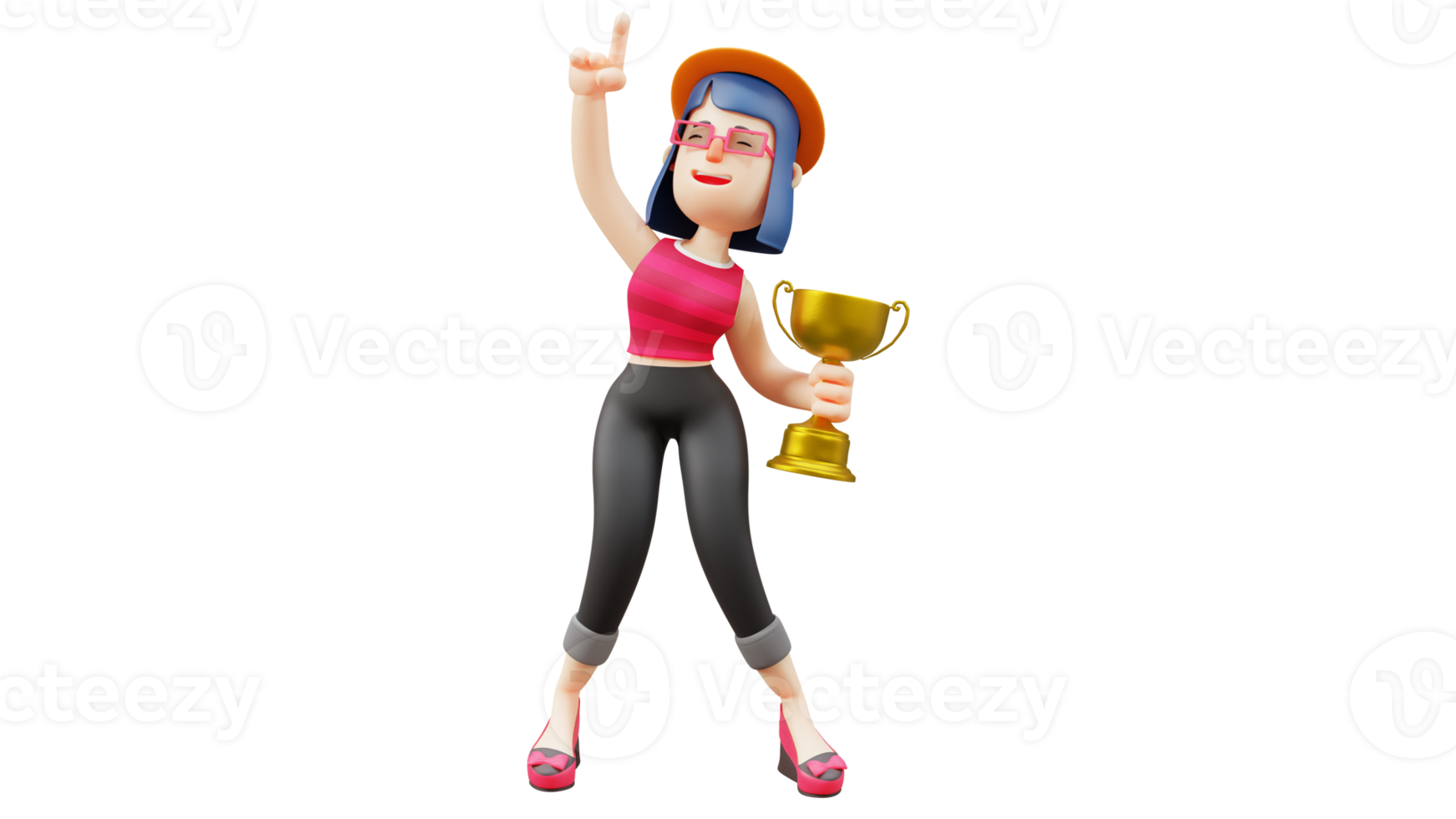 3D illustration. Smart Girl 3D cartoon character. Studentswho are good at winning. Successful girl lifts trophy. Beautiful smiling happy student. 3d cartoon character png