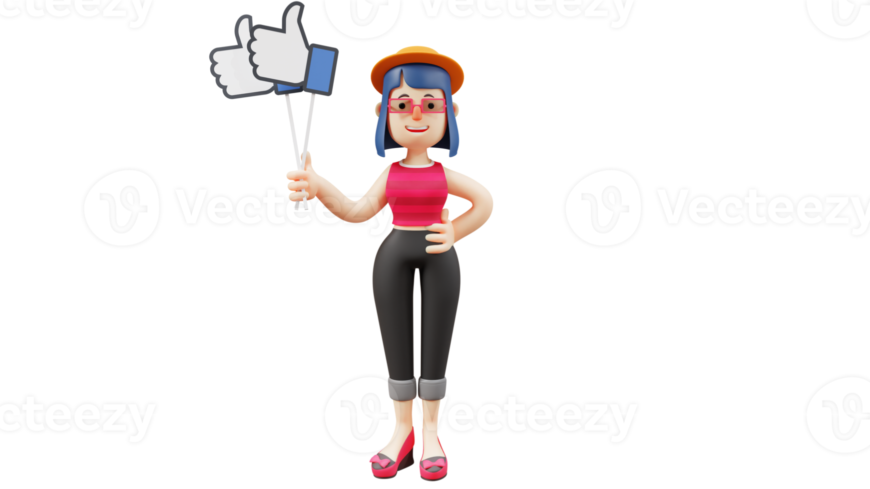 3D illustration. Beautiful Worker 3D cartoon character. Beautiful smiling woman carrying two like sign. Content creator is promoting her social media. 3d cartoon character png