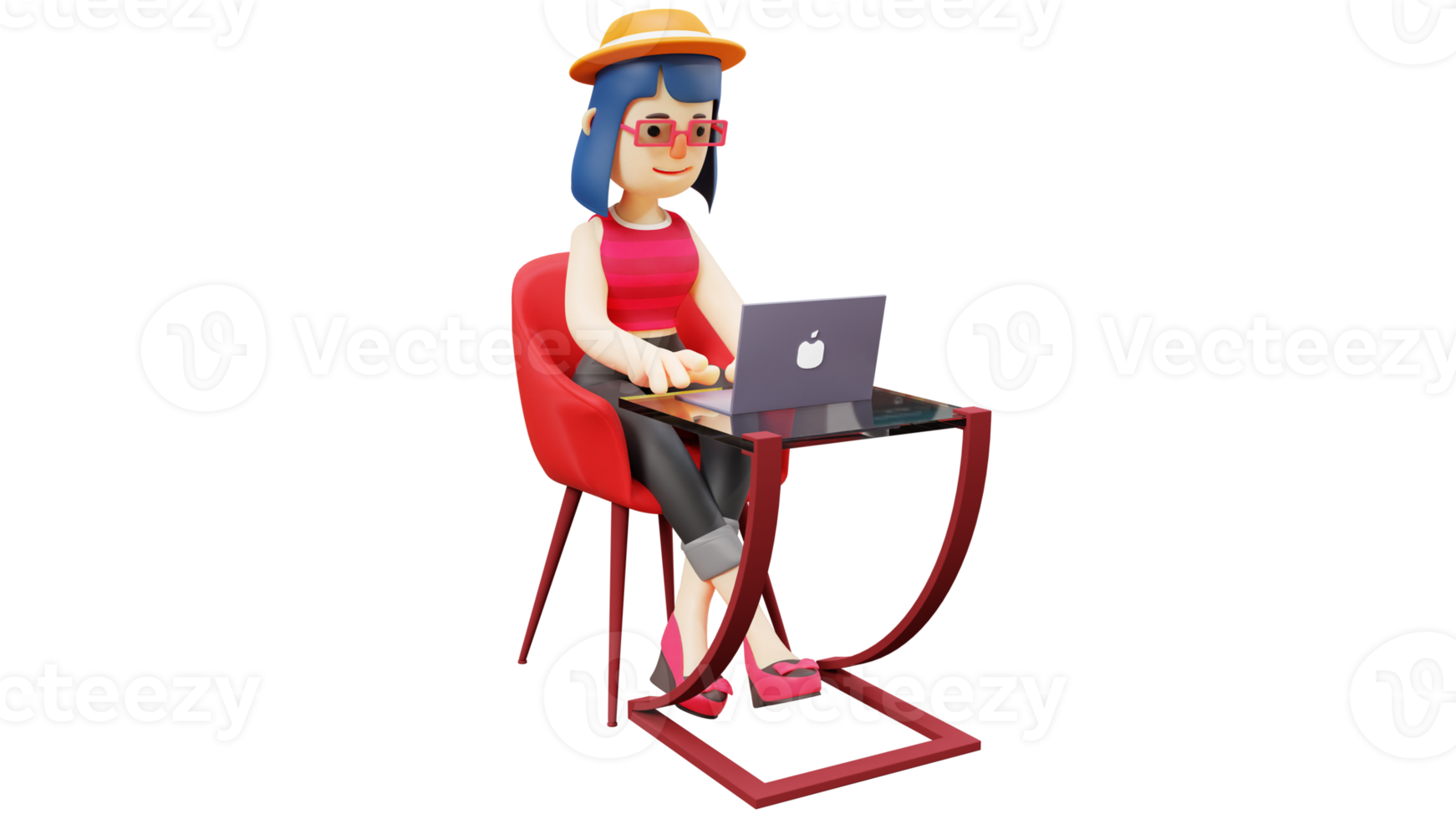 3D illustration. Career woman 3D cartoon character. Beautiful office worker. Beautiful woman doing her job. Diligent office worker sitting and facing laptop. Beautiful student. 3d cartoon character png