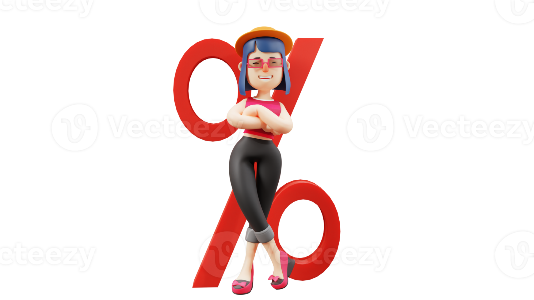 3D illustration. Cool Woman 3D cartoon character. Beautiful woman embracing. Beautiful woman leaning on big red percent sign. Beautiful tourist relaxing. 3D cartoon character png