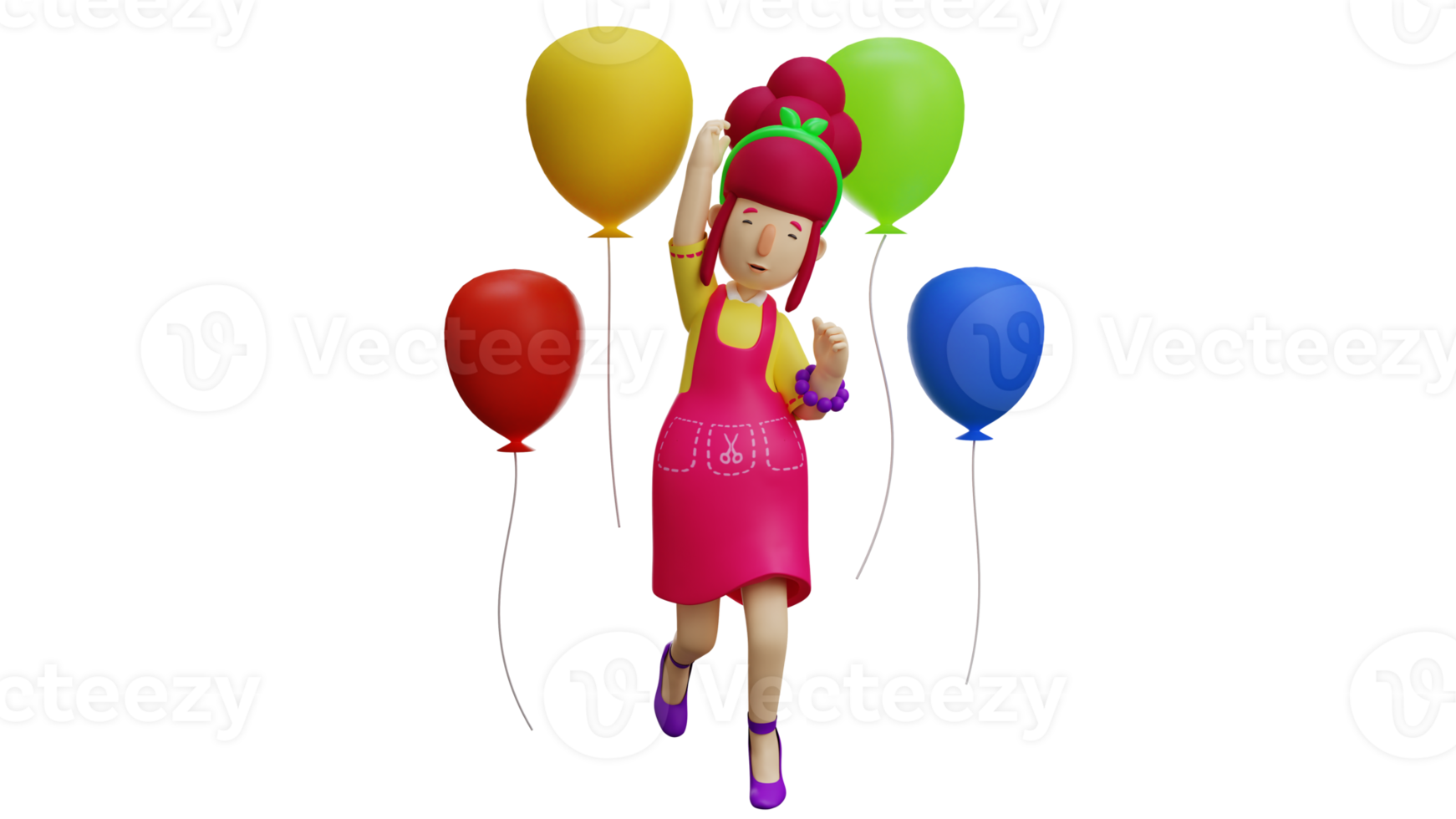 3D illustration. Cheerful Waiter 3D Cartoon Character. Beautiful girl in excited pose. Beautiful maid surrounded by colorful balloons. Young mother is very happy. 3D Cartoon Character png