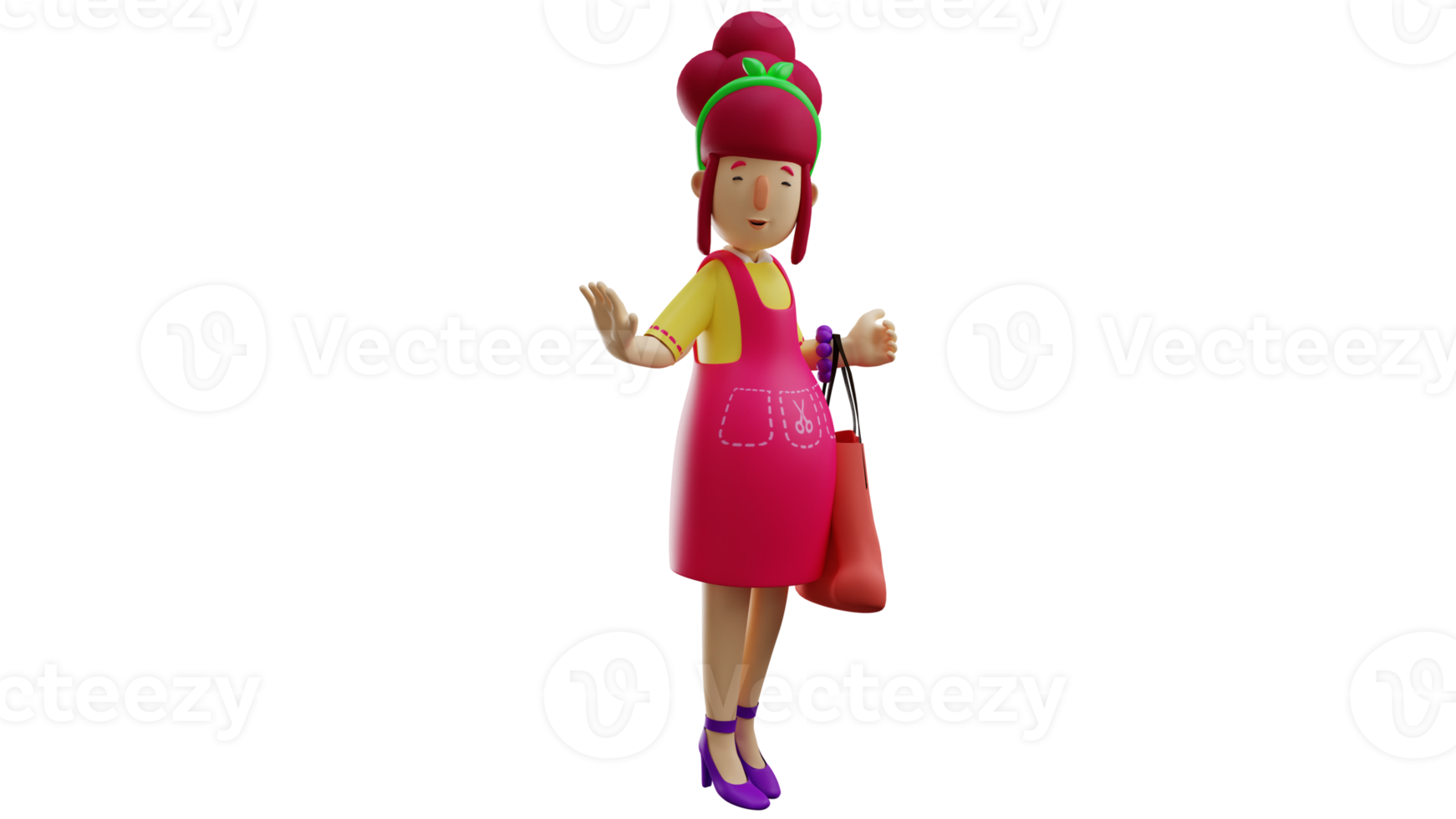 3D illustration. Beautiful Mother 3D CartoonCharacter. Mom is getting ready to go shopping. Diligent young mother carrying a big bag. Waiter is ready to buy cooking supplies. 3D Cartoon Character png