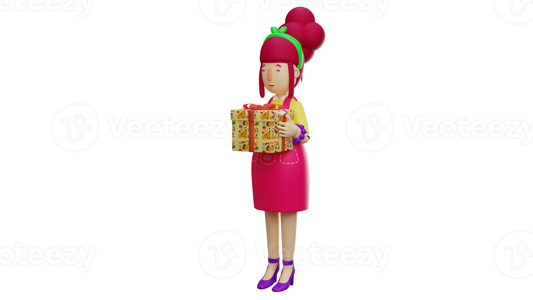 3D illustration. Young Woman 3D Cartoon Character. Romantic mother carrying a gift box. Beautiful woman wearing red apron and ready to give gift. Maid finished wrapping the gift. 3D Cartoon Character png