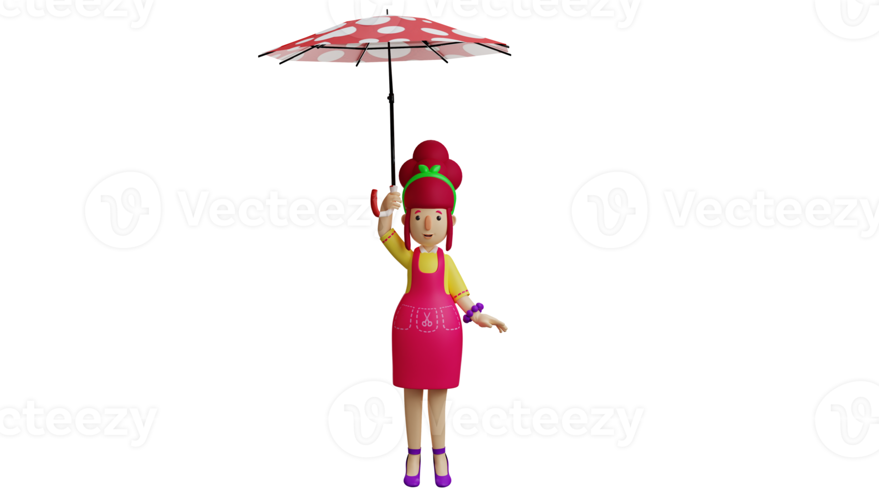 3D illustration. Beautiful Waitress 3D Cartoon Character. Young mother is holding a red umbrella. Friendly waitress brings umbrella. Beautiful woman carrying polka dot umbrella. 3D Cartoon Character png