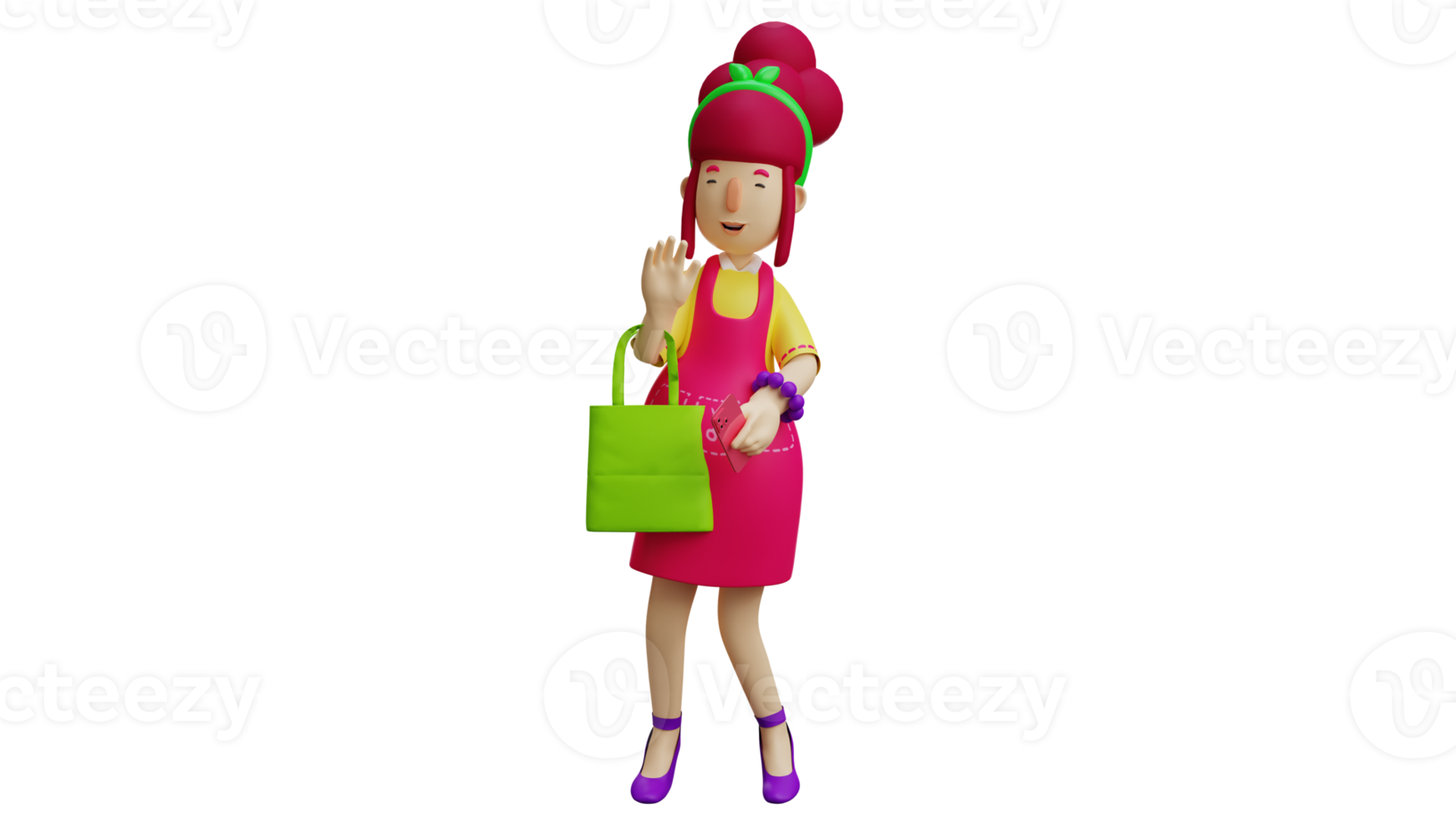 3D illustration. Beautiful Mother 3D Cartoon Character. Young mother wearing apron and carrying a bag. Waiter is ready to shop. Beautiful waitress carrying green shopping bag. 3D Cartoon Character png
