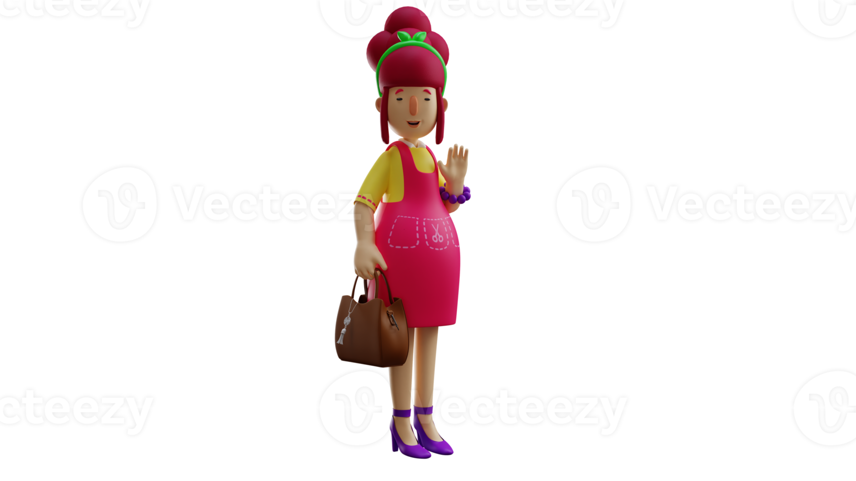 3D Illustration. Beautiful Mother 3D cartoon character. Beautiful young mother carries a brown bag. Waiter is ready to go shopping. Diligent Mother prepare to shop for home needs. 3D cartoon character png