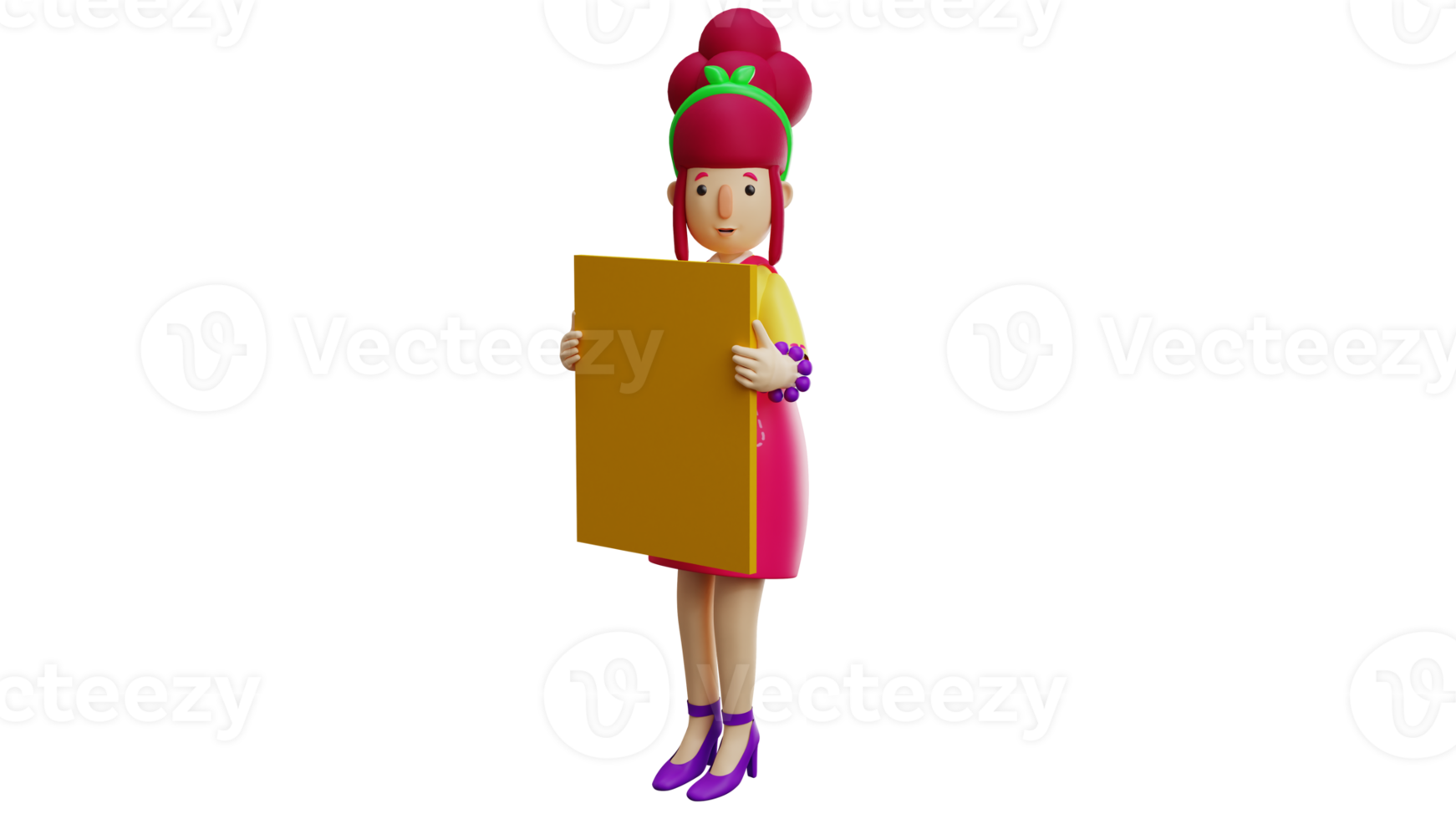 3D illustration. Diligent Waiter 3D cartoon character. Diligent Women use pink apron. Beautiful maid carrying a yellow board. The beautiful maid looked completely flustered. 3D cartoon character png