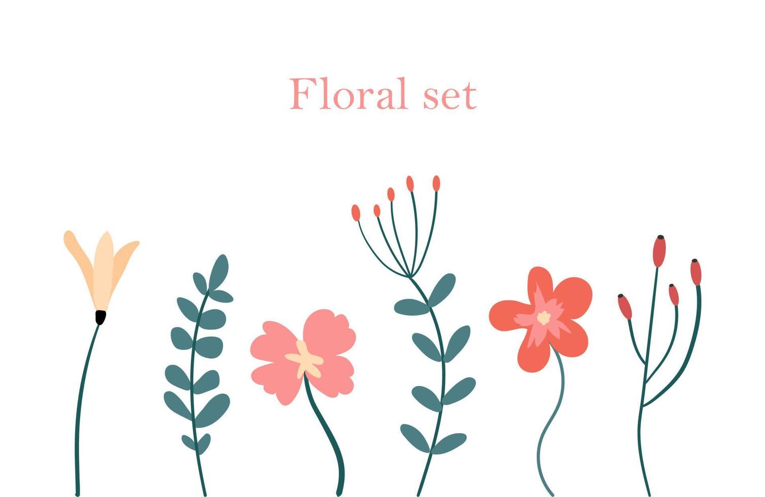 Floral set of 6 cute elements. Beautiful flowering plants with a botanical theme. Rose, leaves, bellflower. Vector set of beautiful botanical elements in flat style.