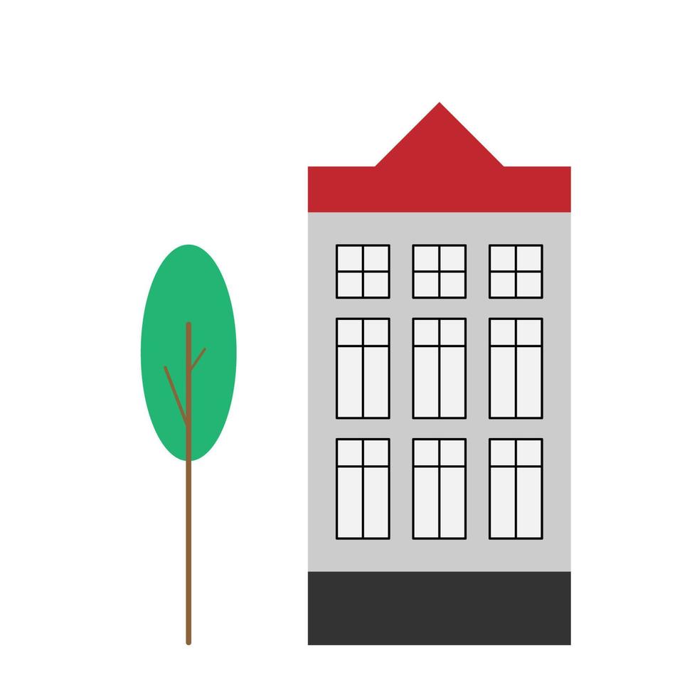 A gray house with a red roof in a flat style. Vector illustration with a town house.  White isolated background.