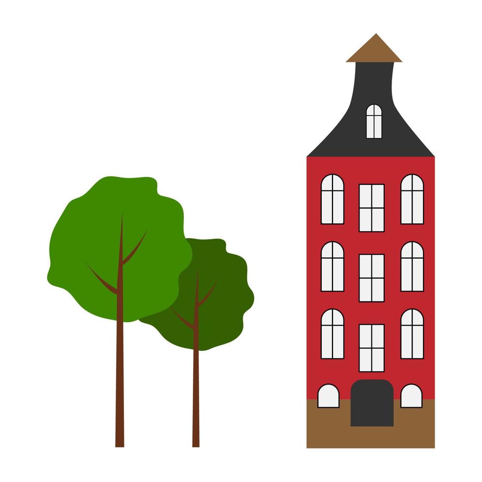 A city house in a flat style. Nice high-rise house near the trees. Red house with windows and roof. Vector illustration with isolated background.