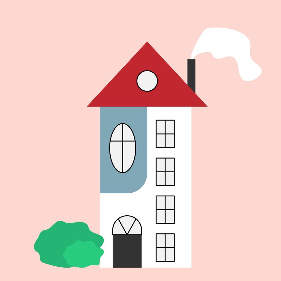 vector ilustración de un elegante hogar. blanco casa con rojo techo. hermosa edificio con ventanas rosado aislado antecedentes.