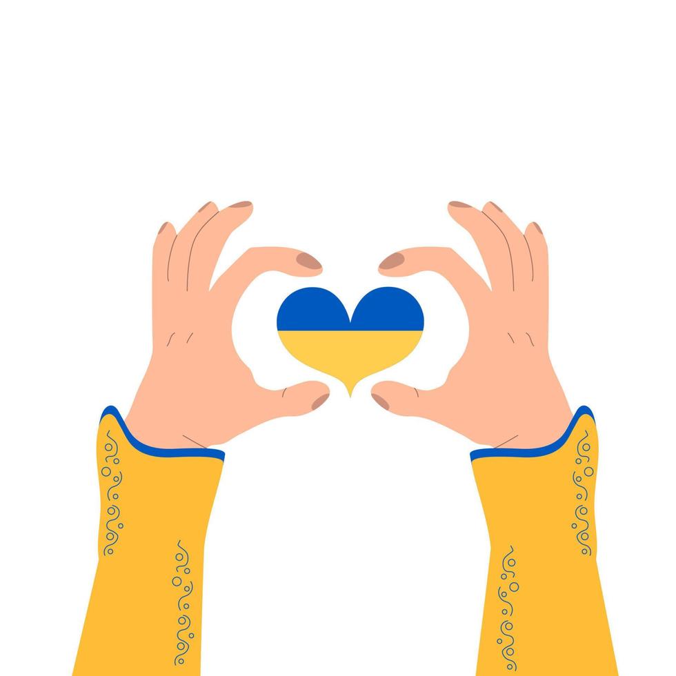 No war in Ukraine vector illustration with isolated background. Heart in the colors of the Ukrainian flag. Ukrainian hand in a vysovanka. Aggression and military attack.