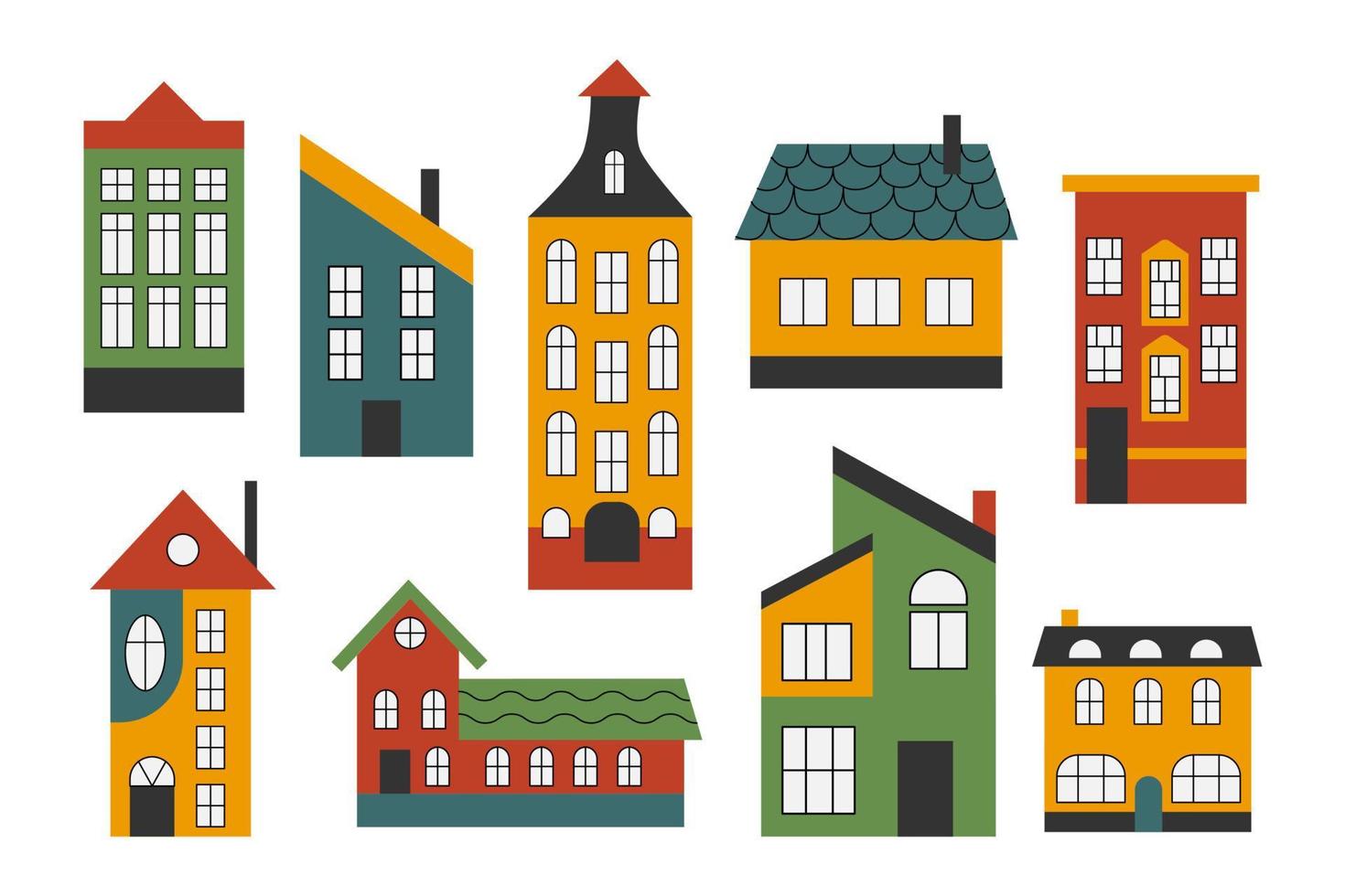 A set of colorful flat style houses.Buildings with Scandinavian style windows. Fancy town and country houses with windows, roof tiles and chimneys with smoke. Cute country tiny houses. vector