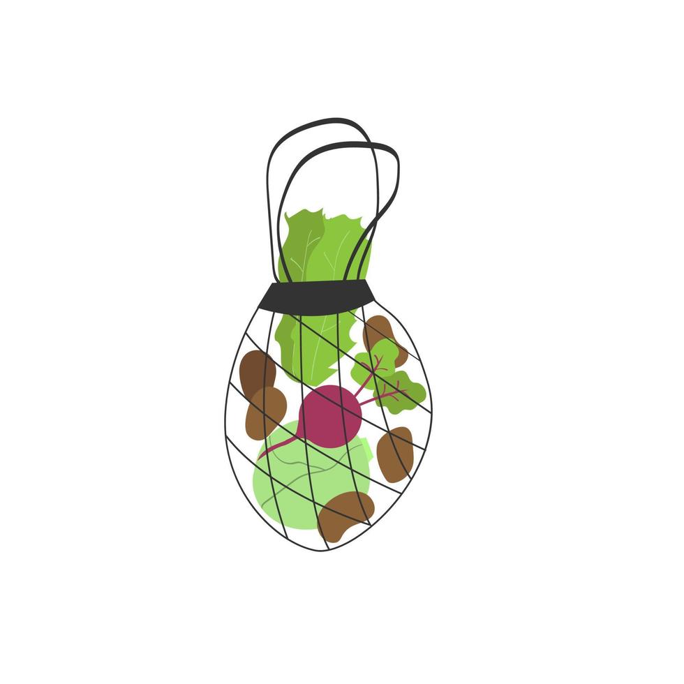 String bag with vegetables. Beetroot, cabbage and potatoes. Eco bag with useful products. Shopper. Vector illustration with isolated objects. Cute hand drawn eco packaging and zero waste concept.