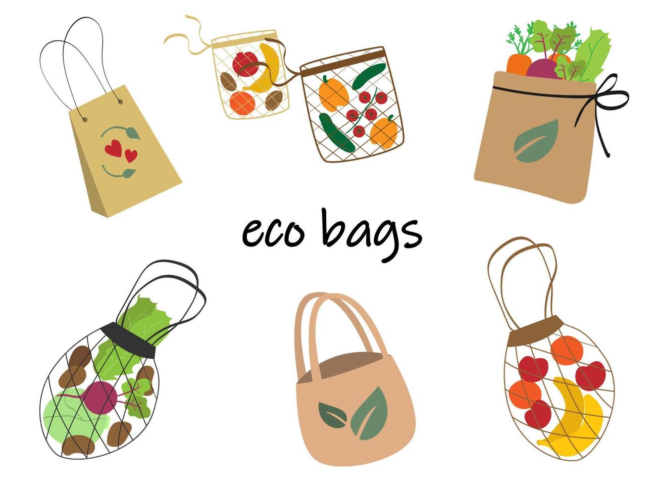 Vector set of eco bags with vegetables and fruits. Cute zero waste elements. Hand drawn ecological life illustration. Flat vector illustration. Doodle set of reusable shopping bags.