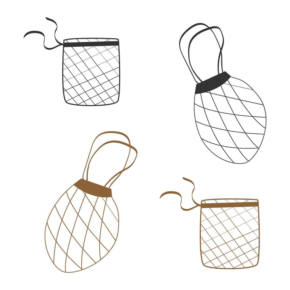 Vector set of eco bags. Shoppers for vegetables and fruits. Rope shopping bags. Isolated objects on a white background. Eco friendly theme. No plastic, zero waste.Ecology concept. Business concept.