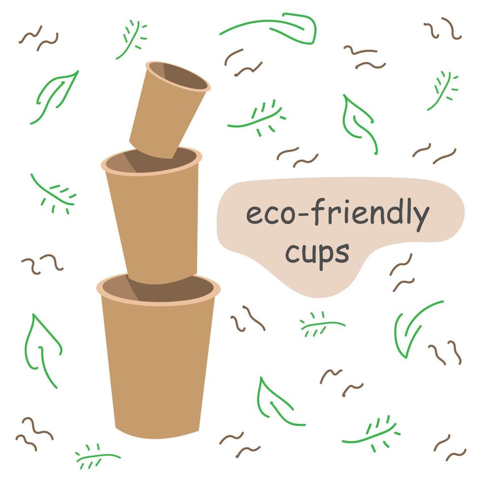 Eco-friendly drinking glasses. Eco friendly cups. Cardboard utensils. Cute illustration with coffee cups. Zero Vaste products. Flat style vector illustration.