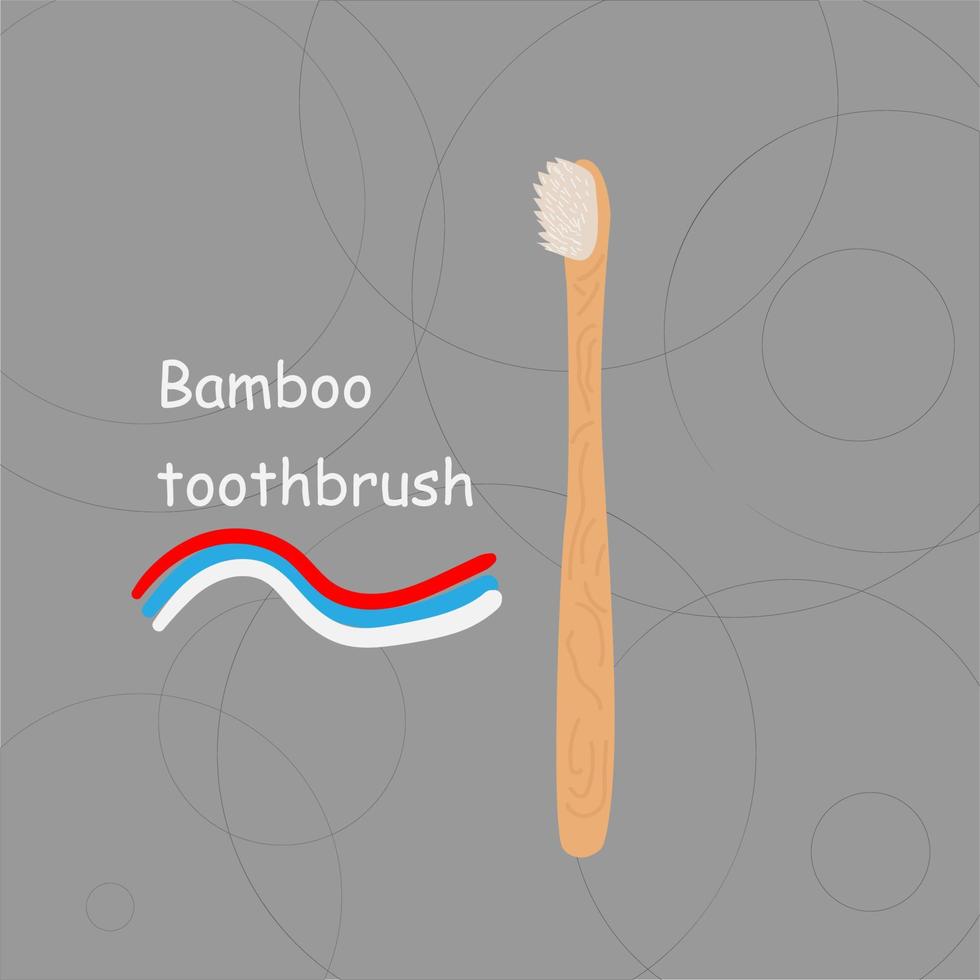 Bamboo wooden toothbrushes for healthy teeth cleaning.Eco toothbrush, toothpaste. Biodegradable material. Ecologically pure natural products. Vector illustration on isolated gray background.